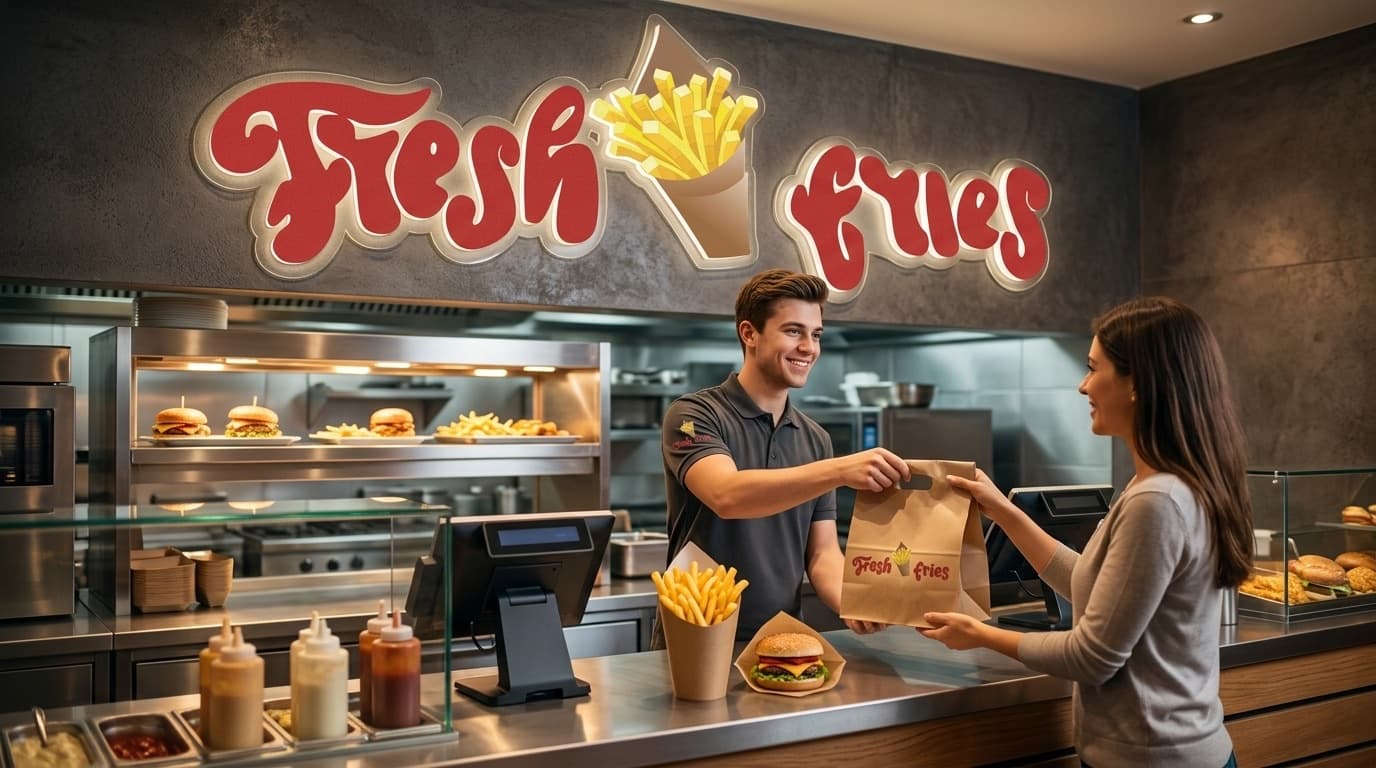 Fresh Fries Mitarbeiter reicht Tüte an Kunden